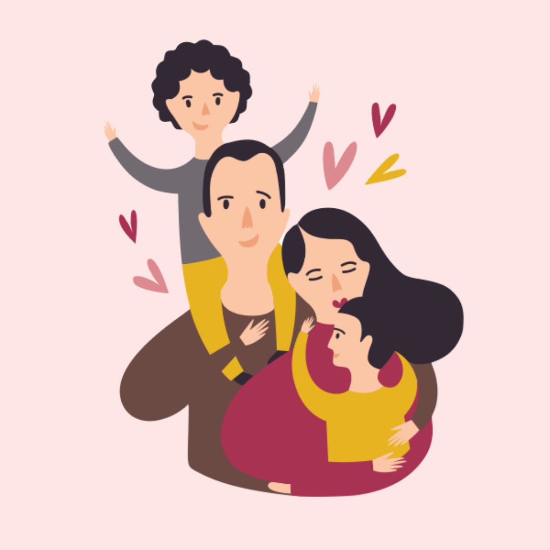illustration of a happy family, father and mother holding their kids.