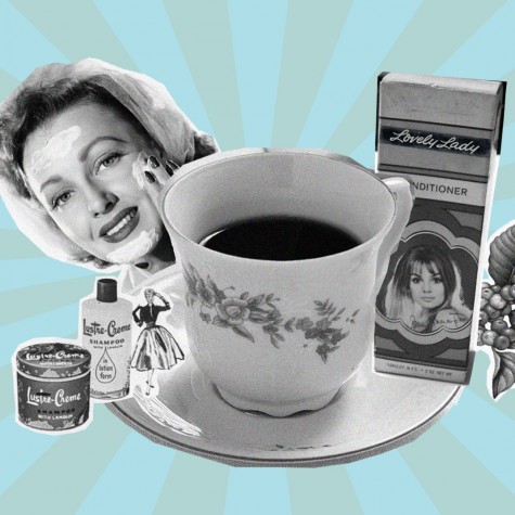 Collage with cup of coffee and smiling woman spreading a beauty cream on her face.