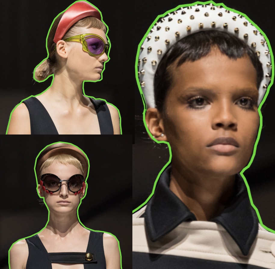 Three models wearing headbands that are back thanks to Prada.