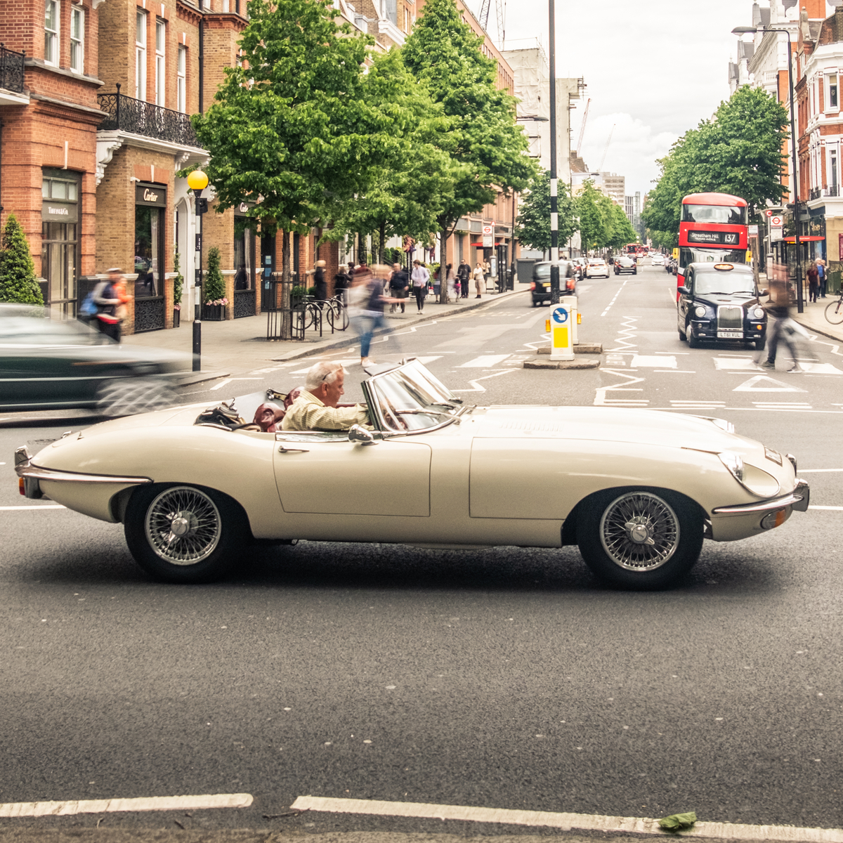 Convertible Jaguar in the streets of London during Fashion Week