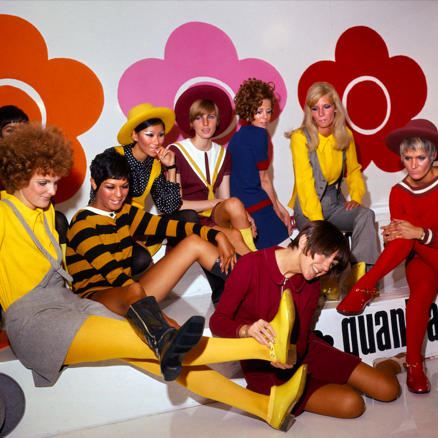 Models wearing Mary Quant designs ad the designer showing a yellow boot she created
