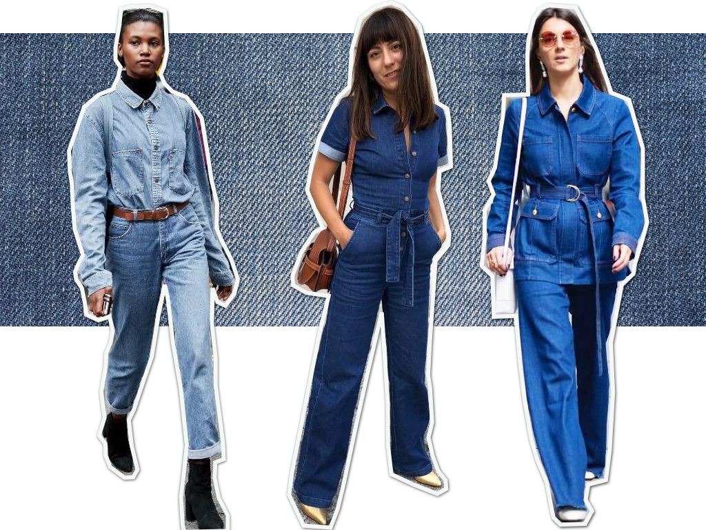 collage with 3 fashionistas wearing all denim outfits