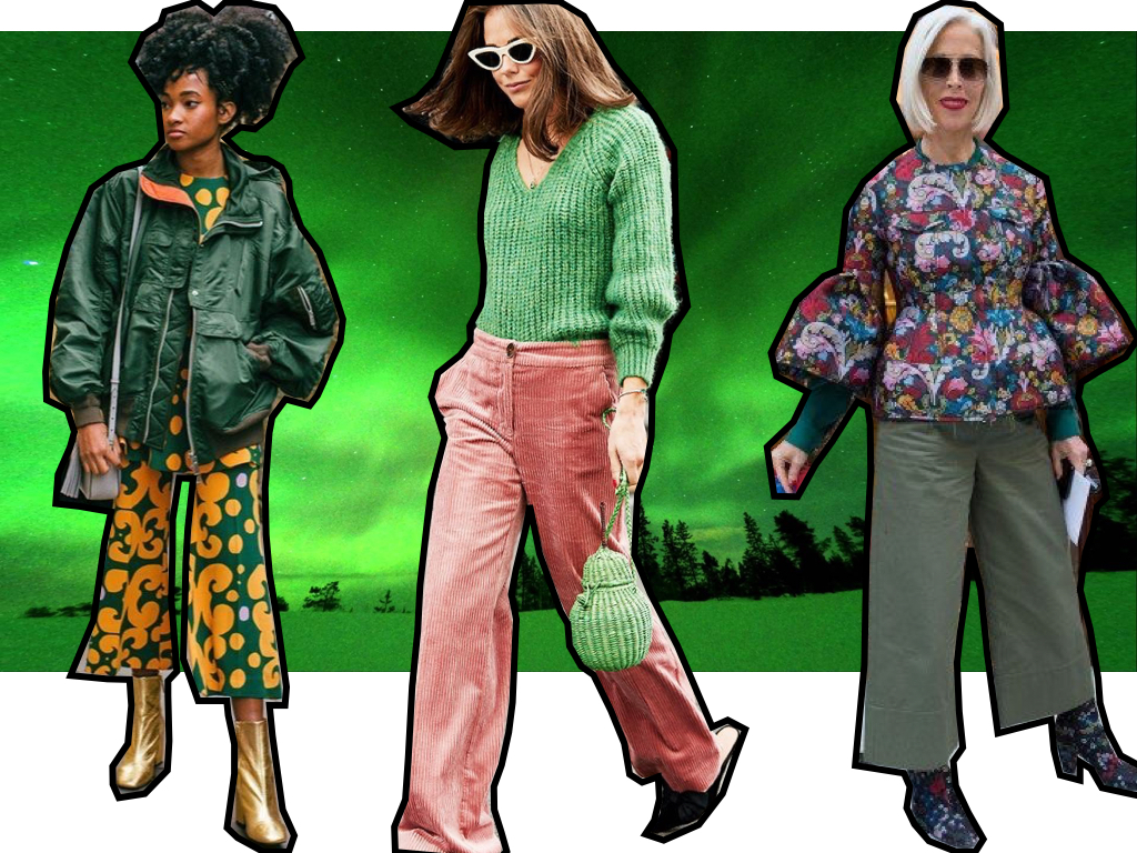 collage with 3 fashionistas wearing outfits with green jackets, pullover and pants