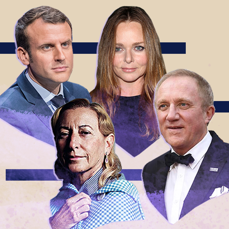 Emmanuel Macron, Stella McCartney, François-Henri Pinault, and Miuccia Prada sign the G7 Fashion Pact.