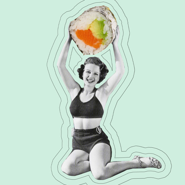 Illustration with a vintage black and white woman in bikini, holding a huge sushi