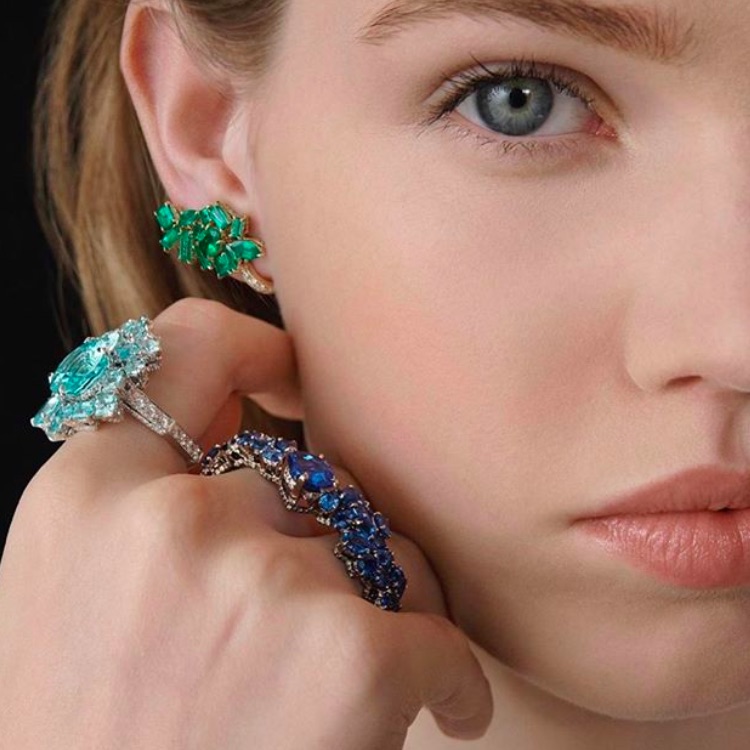 model wearing two rings and one earring from the Gem Dior collection by Victoire de Castellane.
