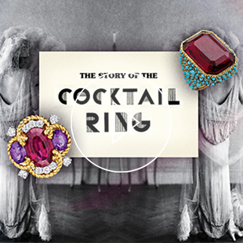 collage with vintage photos and rings telling the story of the cocktail ring