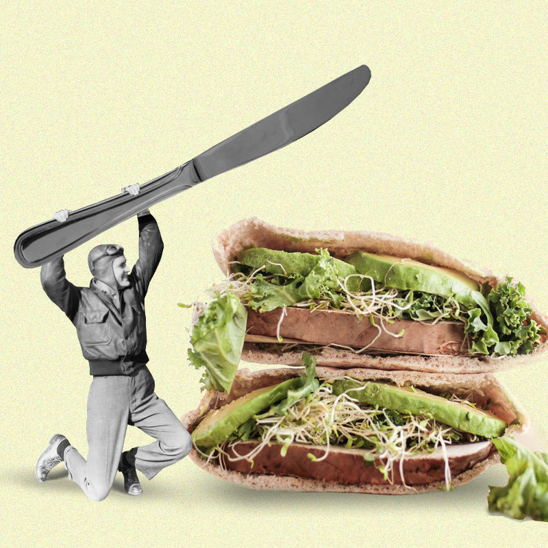 creative collage of a small man cutting a huge vegetarian sandwich with a huge knife