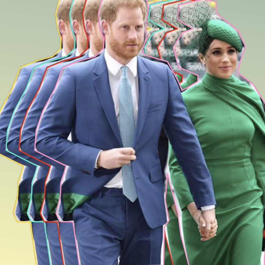 Meghan Markle wearing a green outfit and Prince Harry wearing a blue suit during the last official event before they move to Canada