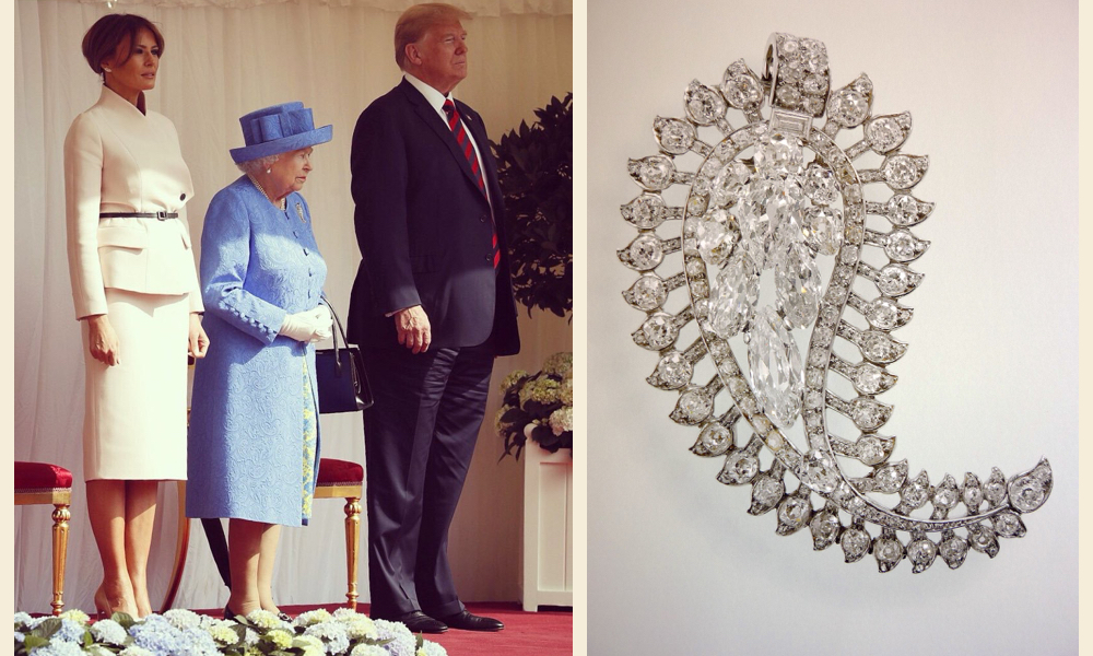 President Donald Trump and wife with Queen Elizabeth, when she was wearing the palm leaf brooch
