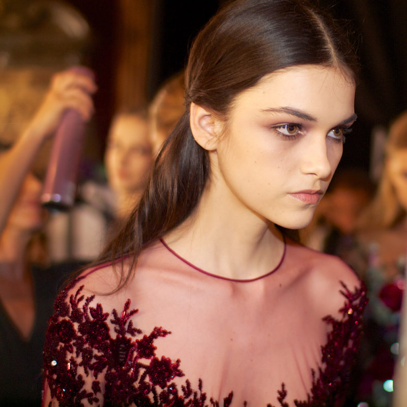 Backstage photo of model Isabella Melo at Zuhair Murad Haute Couture runway show.