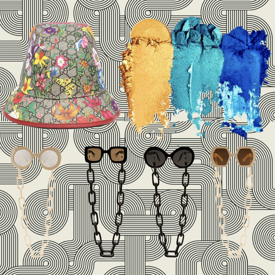 Gucci hat and sunglasses chains and colourful makeup to update my wardrobe.