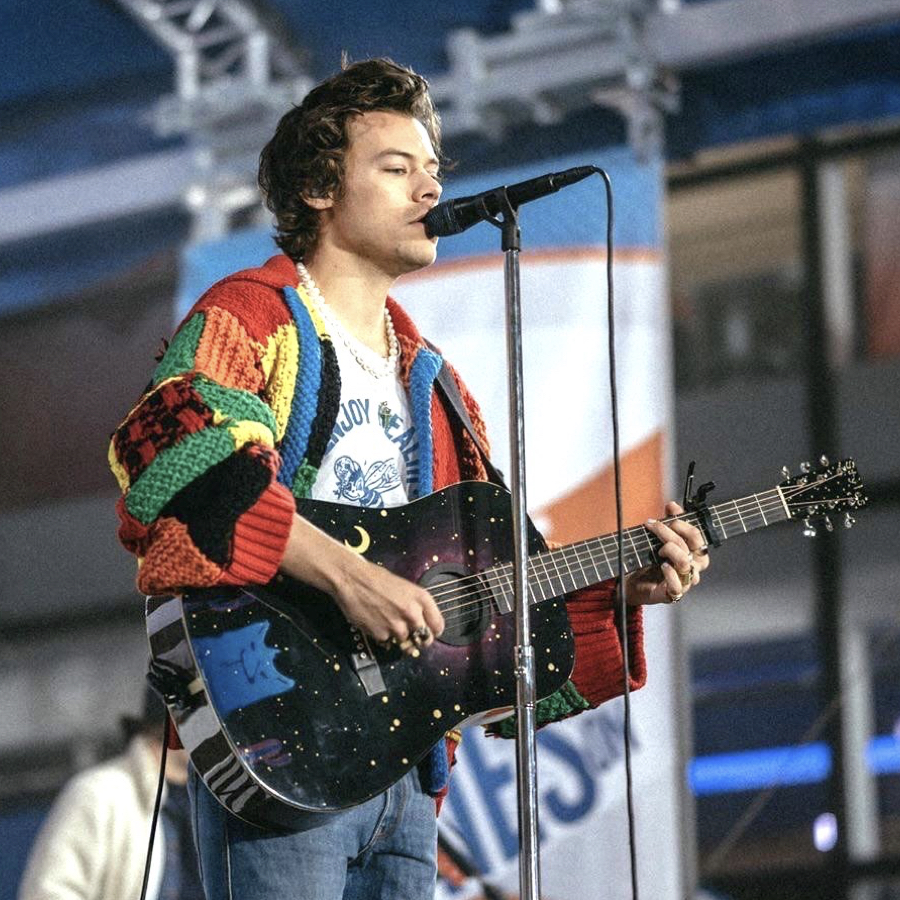 Harry Styles rehearsal wearing JW Anderson patchwork cardigan