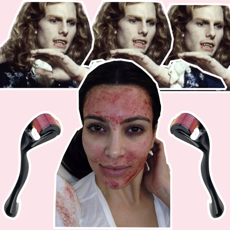 Collage with Tom Cruise as a vampire, microneedling rollers and Kim Kardashian selfie after a vampire facial.