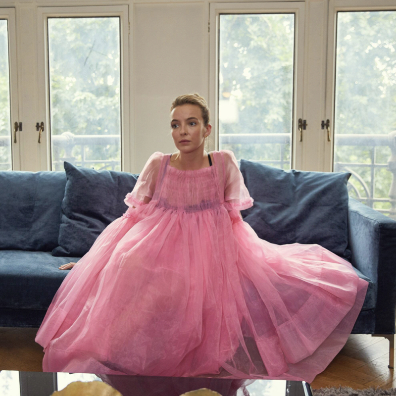 Killing Eve's wardrobe includes this pink Molly Goddard dress and other fabulous outfits for Villanelle.