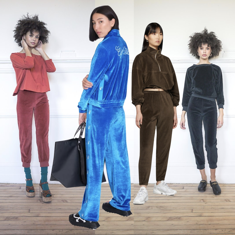Collage with several velour tracksuits that are back this year.