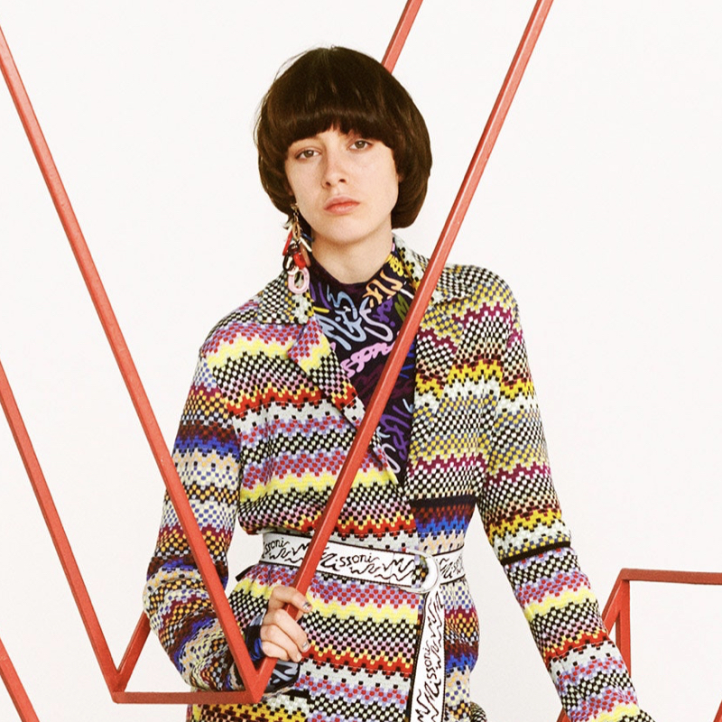 Model wearing a knitted cardigan from M Missoni pre-fall 2020 collection.