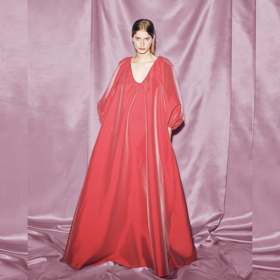 model wearing a red silk gown from Bernardette Antwerp AW collection