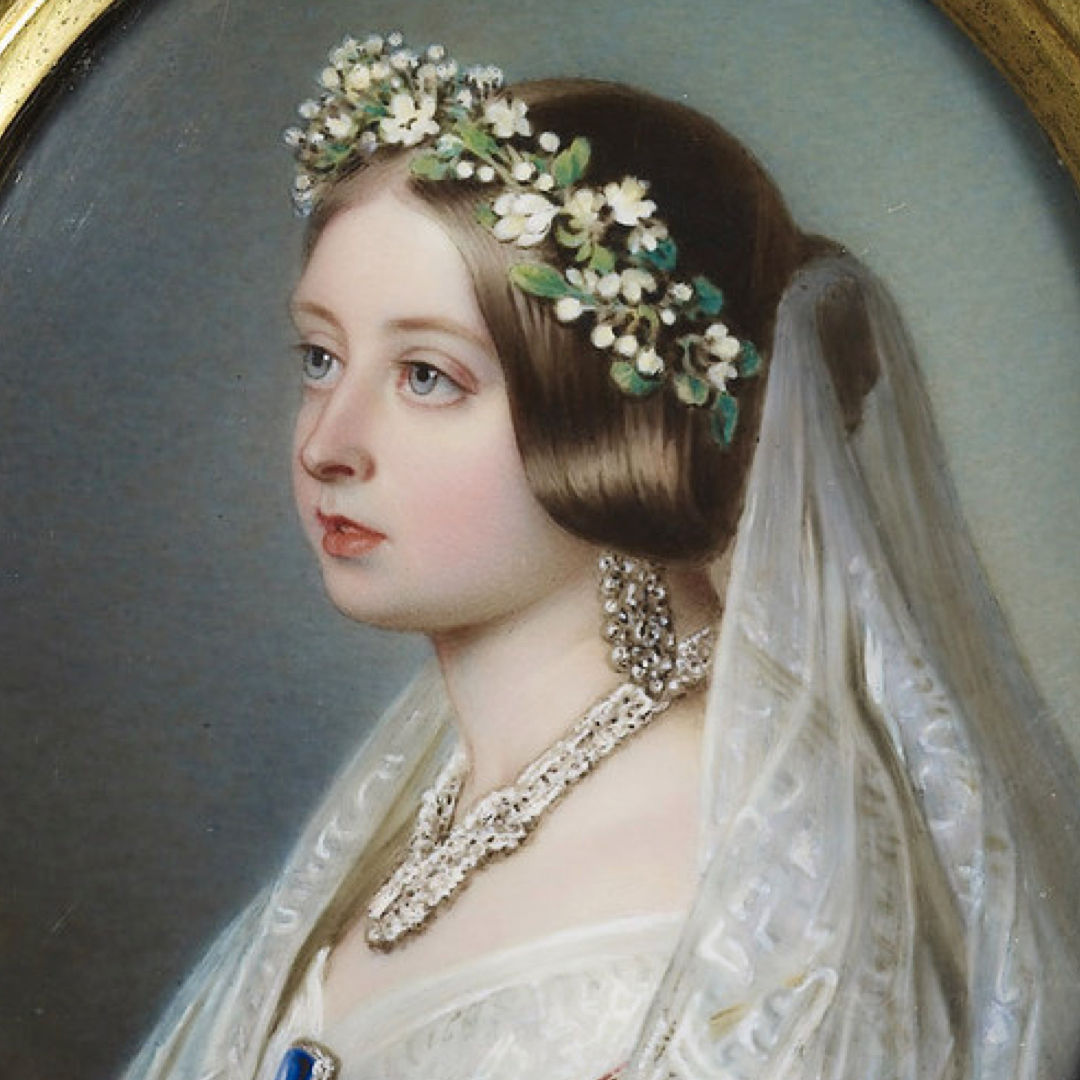 Portrait of Queen Victoria on her wedding day when she started the white gown tradition.