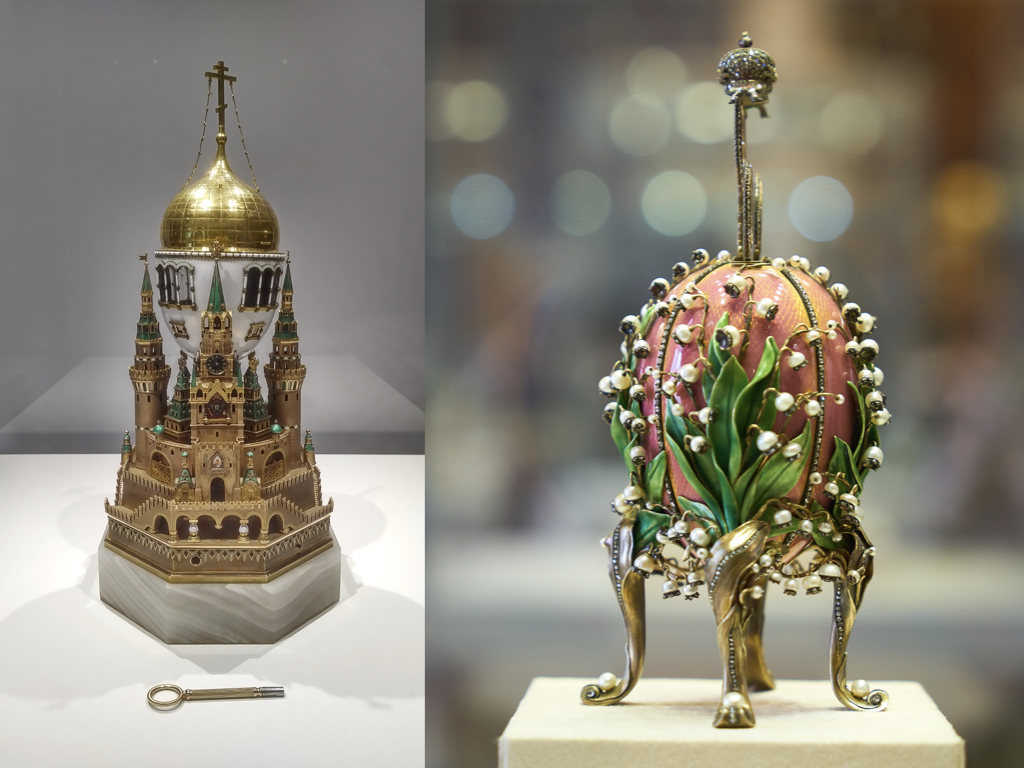 the moscow kremlin fabergé egg beside the Lilies of the Valley Egg
