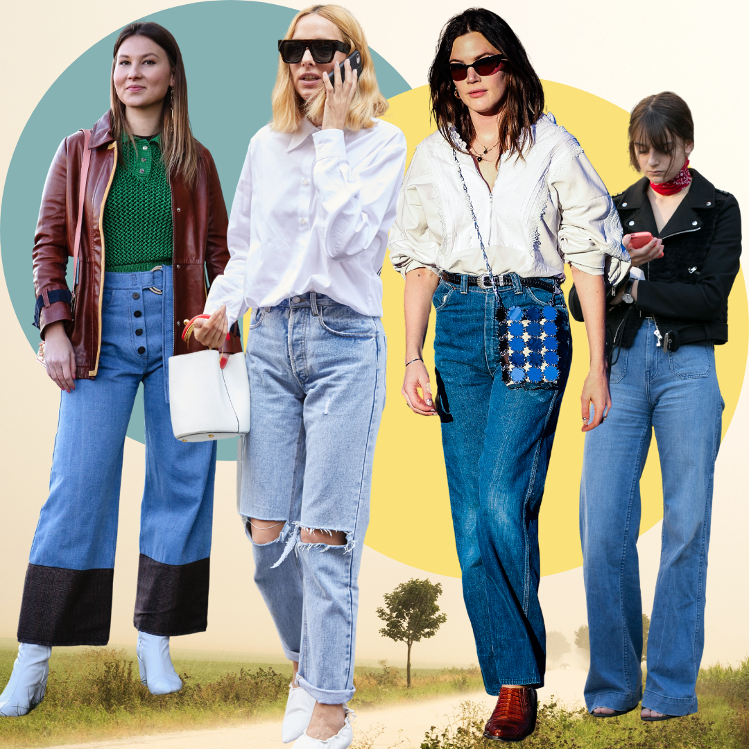 Four women wearing different jeans from our top brands using organic cotton.