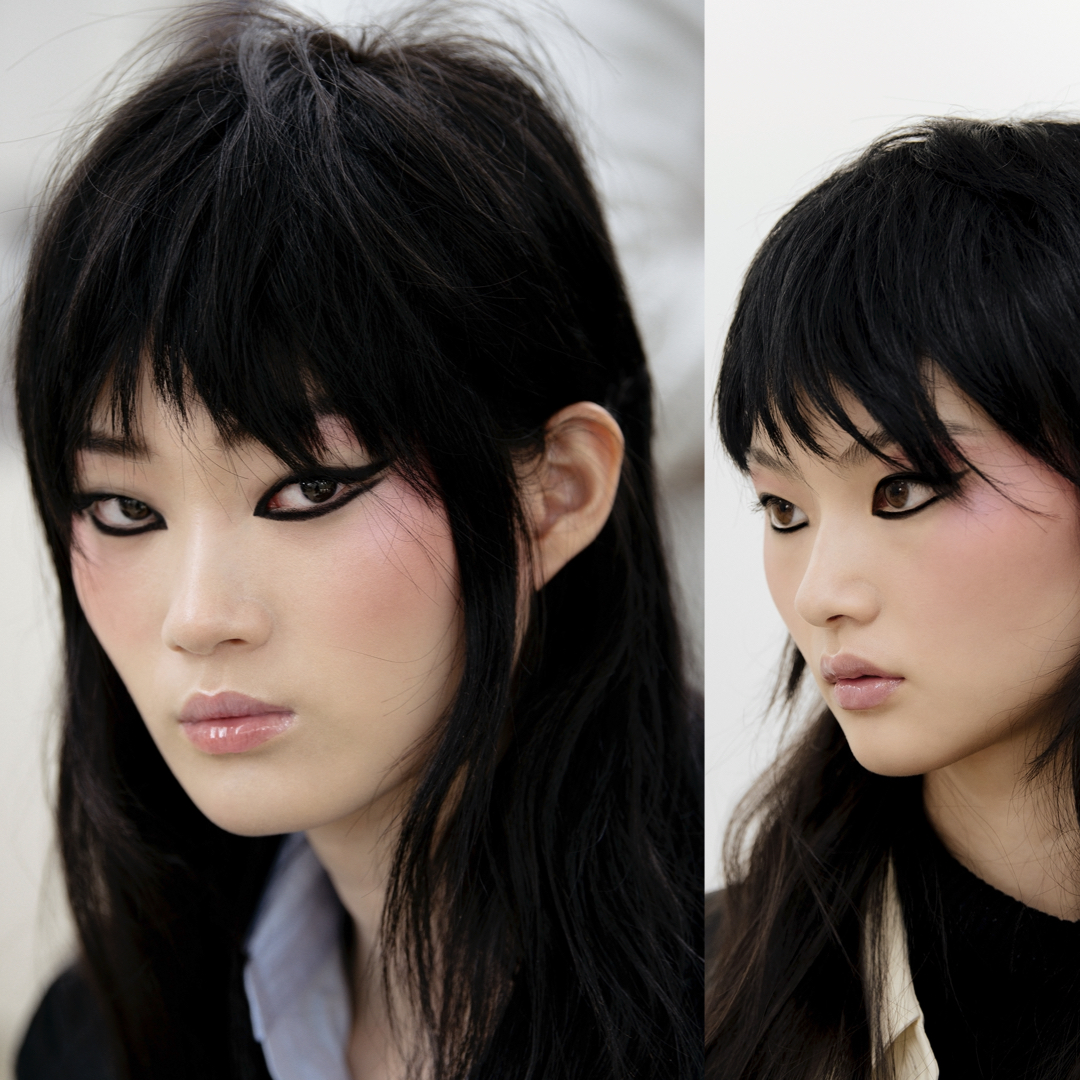 Closeup of a model's makeup in the backstage of Chanel cruise 21-22