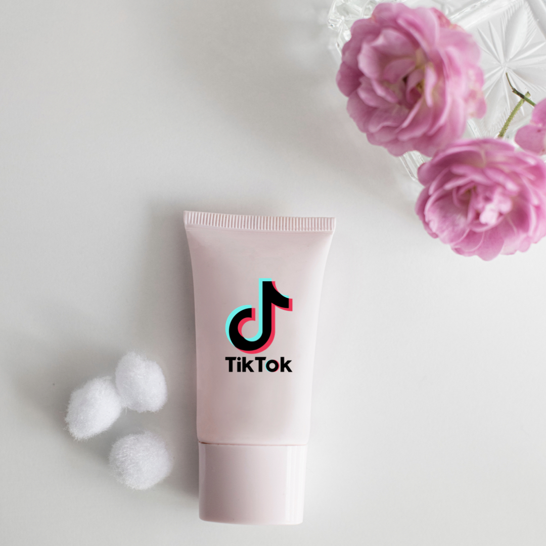 cosmetic bottle with tiktok logo showing the beauty trends of the social platform