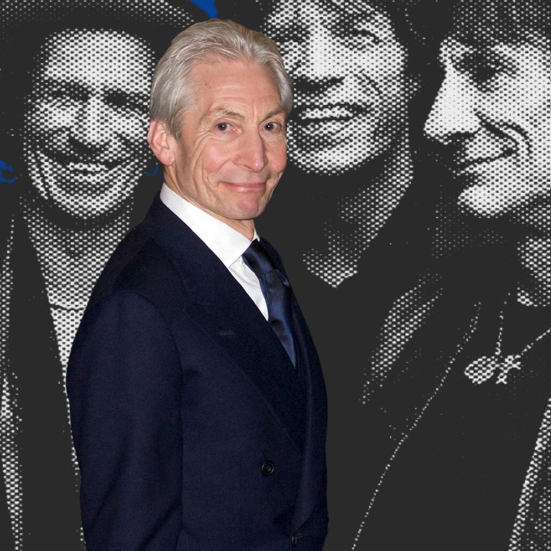 collage showing the sartorial stylish Charlie Watts, drummer of The Roling Stones and in the back the rest of the band leaders