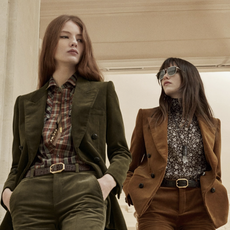 Fall runway looks with green and brown corduroy blazers.