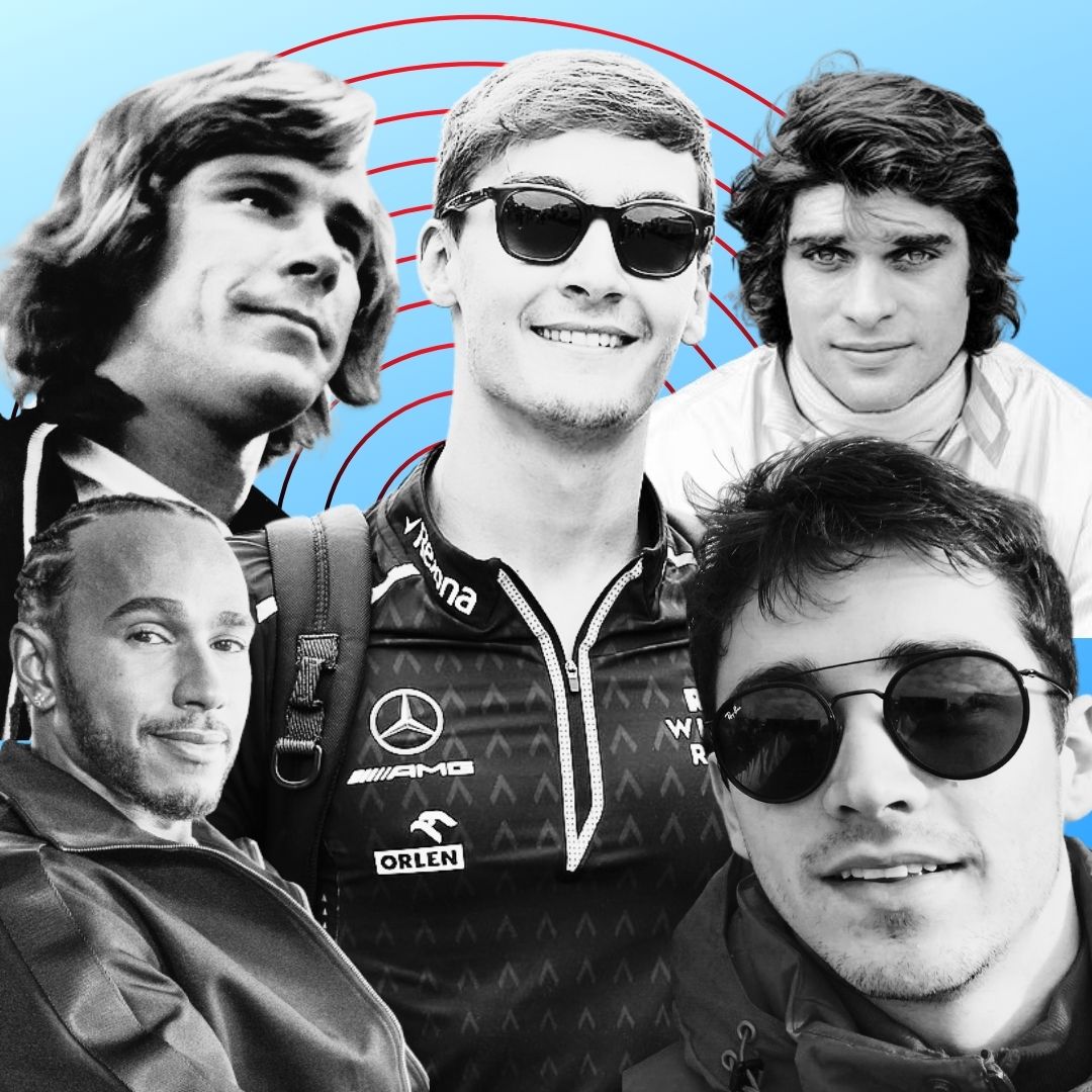 collage featuring Lewis Hamilton, James Hunt, George Russell, Francois Cevert and Charles Leclerc