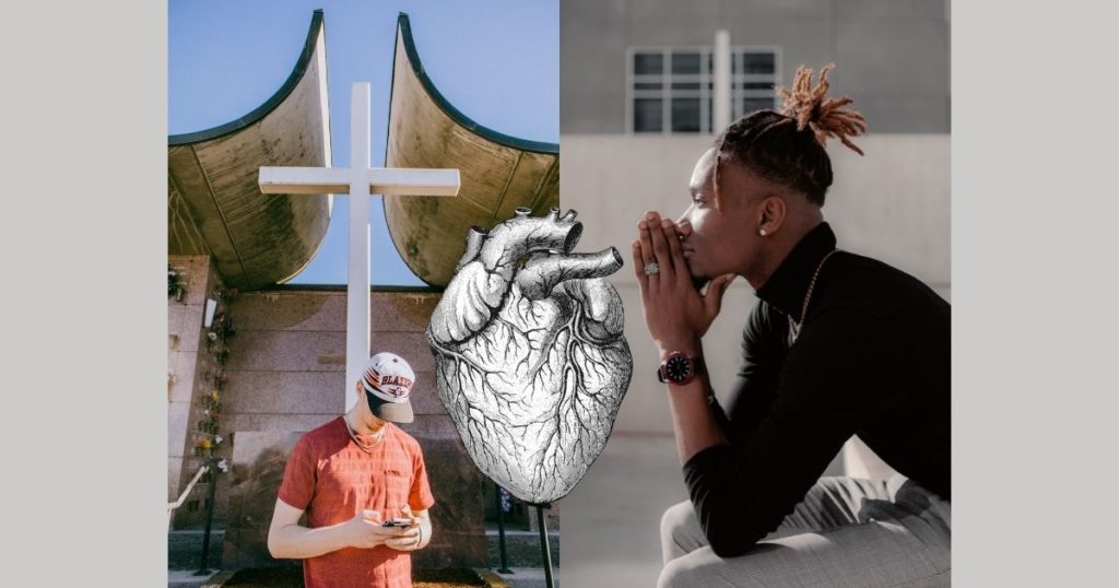 photo collage-a church-a guy praying- an illustration os a heart 