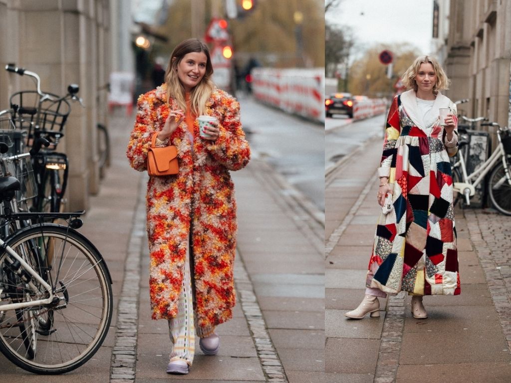 Two Danish girls in the streets of Copenhagen wearing a patchwork and a teddy bear coat - colourful street style at CPHFW 22