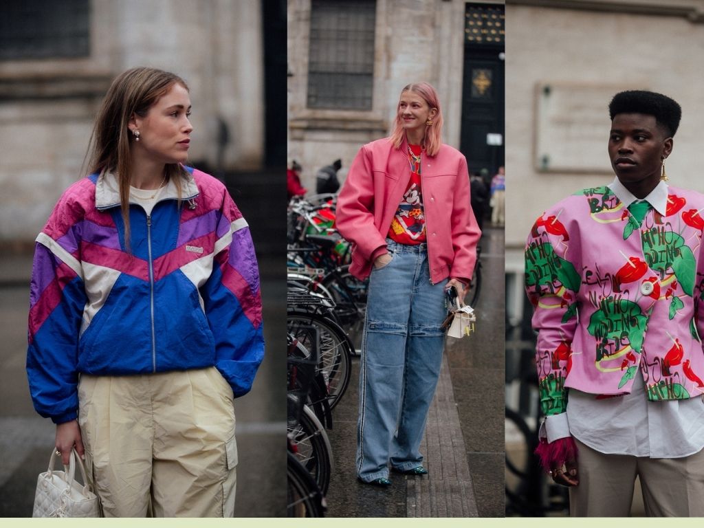 Three fashionistas in Copenhagen wearing a colourful jackets in hues of pink, purple, blue and red