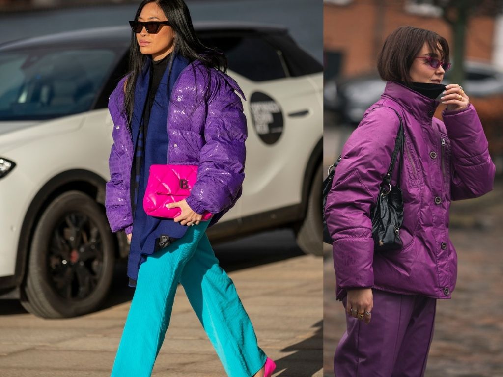 Colorful CPHFW 22-two fashionistas in the streets of copenhagen wearing purple puffy jacket
