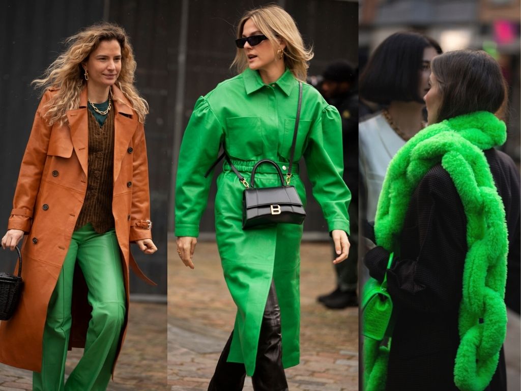 three fashionistas at CPHFW AW22 wearing fun green outfits- pants, dress, and a chain fur foulard