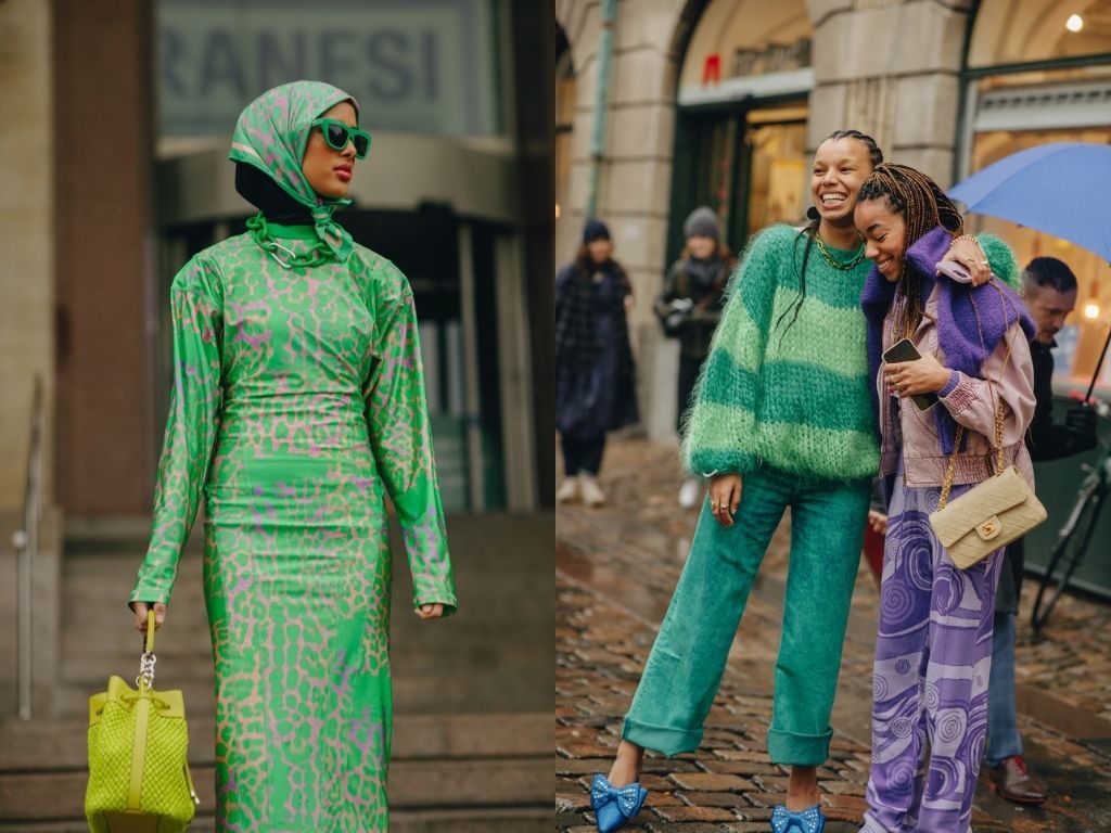 CPHFW AW22-fashionista wearing a green and pink animal print dress and two others wearing green striped pullover and a psychedelic lilac printed pants