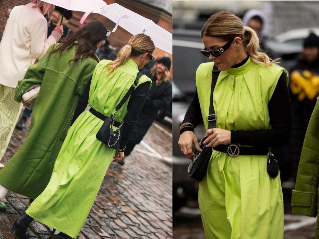 CPHFW AW22-fashionista wearing a neon green dress over a black turtleneck top