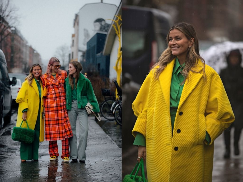 street style during CPHFW 22- three fashionistas- yellow coat and green shirt- all checked outfit - green faux fur jacket and bag