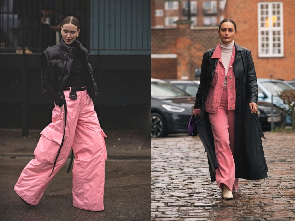 Pernile Teisbaek and her fashionista friend wearing pink and black combination in a XL volume outfit