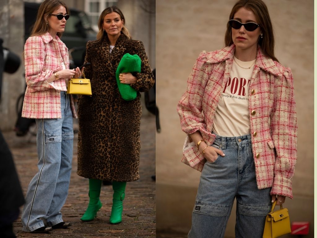 colourful Copenhagen Fashion week 22- fashionistas wearing print jackets and neon color accessories