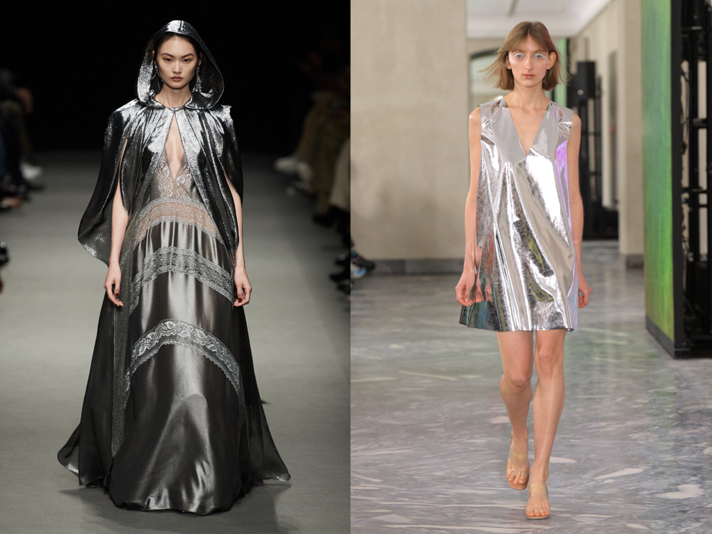 models wearing metallic dress and metallic gown with cape - AW22 trends from Milan