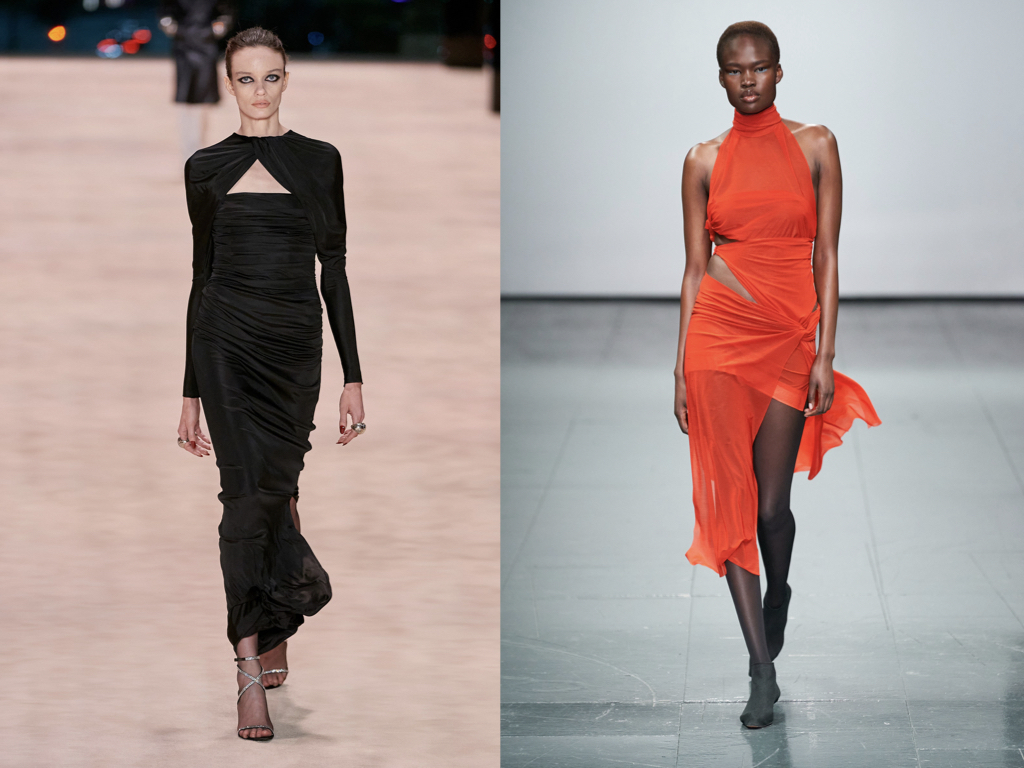models on the runway wearing dresses with cut off details- Major AW22 trends 