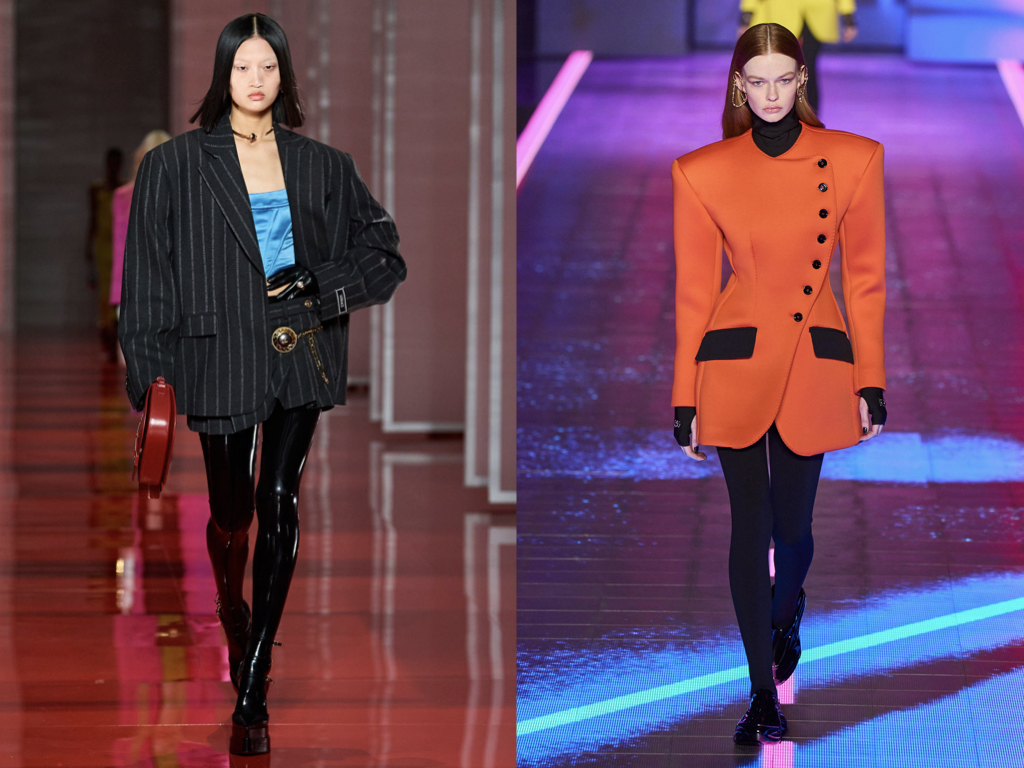 models wearing mini skirt suits with wide shoulder blazers - Versace and Dolce Gabbana