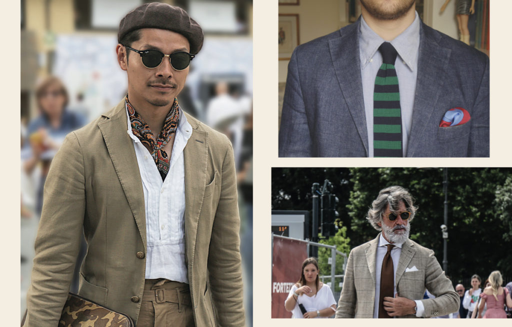 Examples of how to wear a tie or a scarf or a hat according to Sprezzatura.