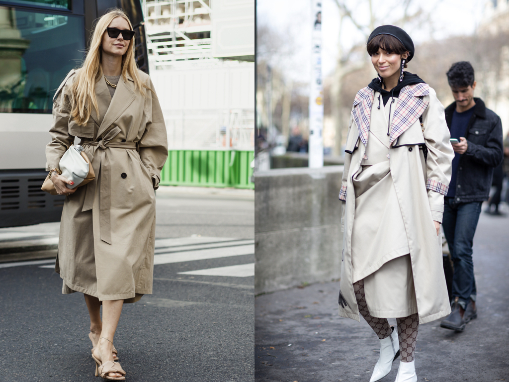 Classic street style at Fashion Week-models wearing trench coat