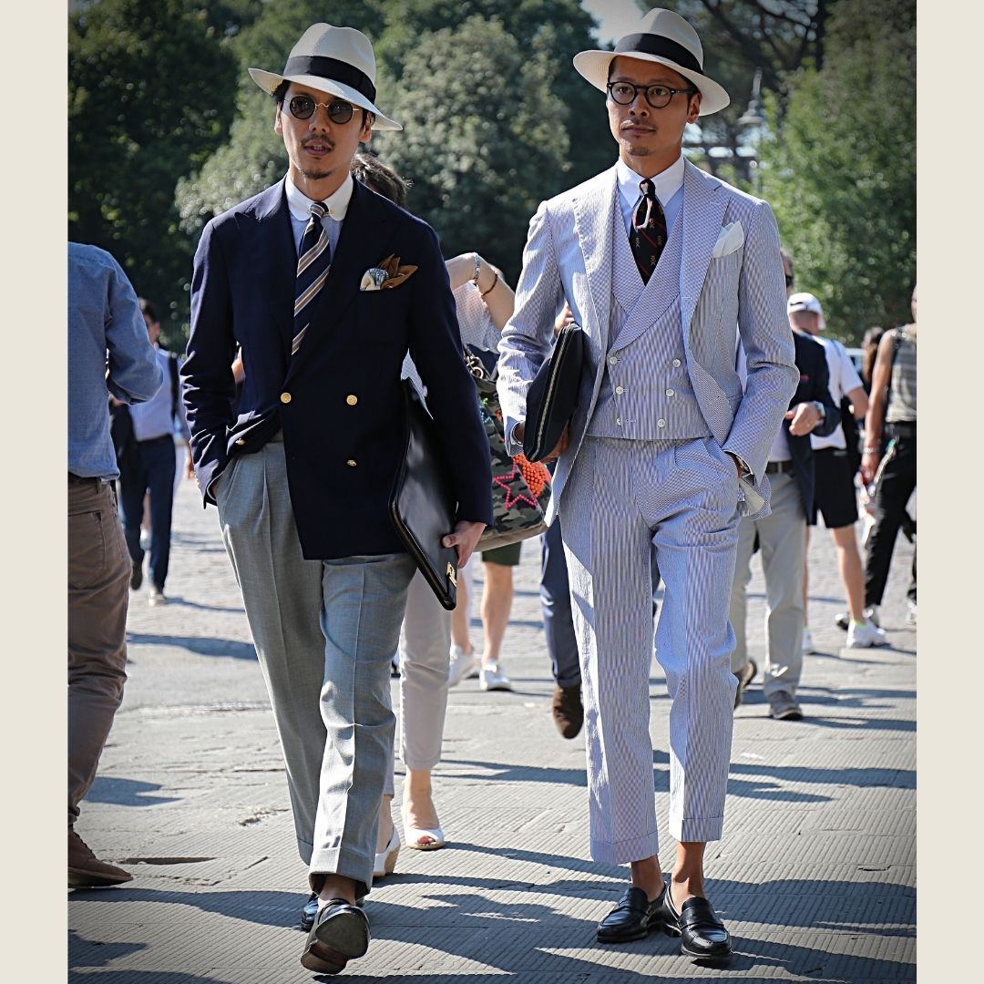 Two stylish men at Pitti Uomo.