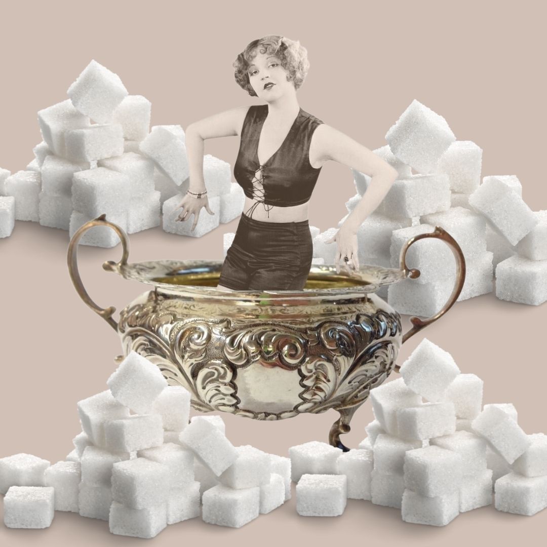 collage with a woman into the sugar pot surrounded by sugar