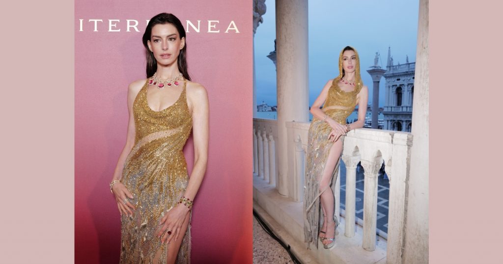Actress Anne Hathaway wearing a sequin gown and Bulgari Mediterranea necklace during the presentation of the collection in Venice