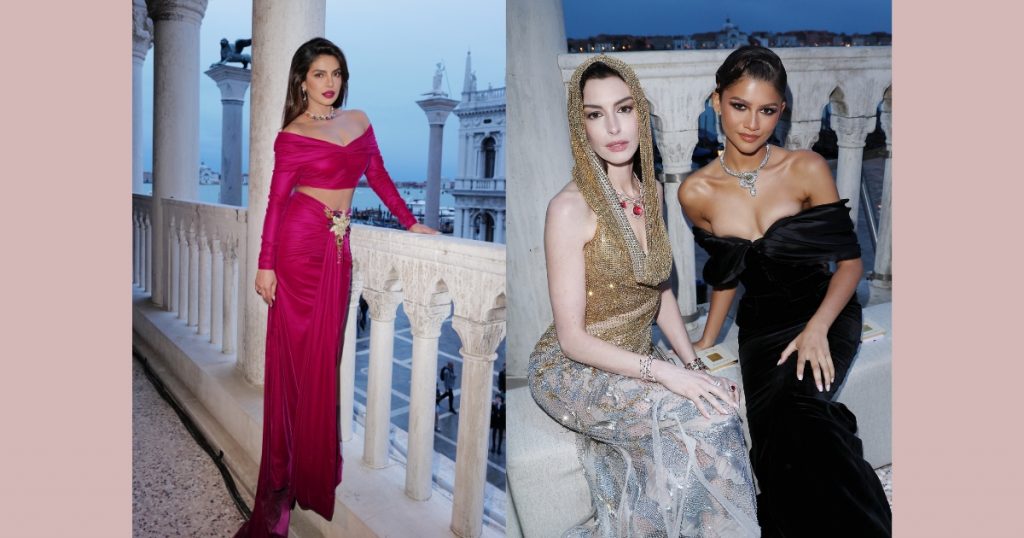 Actresses Anne Hathaway, Priyanka Chopra and Zendaya wearing couture gowns and Bulgari Mediterranea jewelleries during the presentation of the collection in Venice