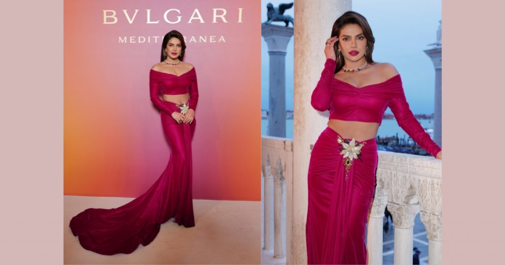 Actress Priyanka Chopra wearing a red gown and Bulgari Mediterranea necklace during the presentation of the collection in Venice